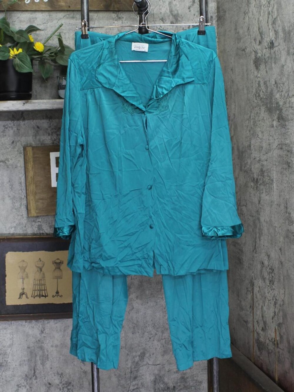 Vanity Fair Womens Vintage 2-Piece Knit Stretch Pajama Set Blue Green XL